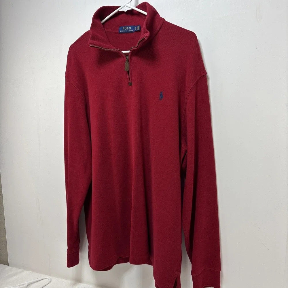 Polo Ralph Lauren Mens XL Red 100% Cotton 1/4‎ Zip Pullover Sweater Blue Pony